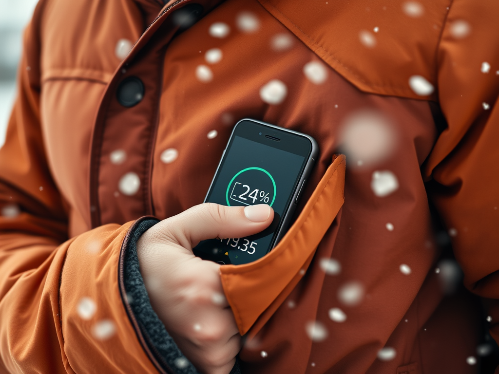 A person in a snow-covered area checks their smartphone's battery level, showing 24% remaining.