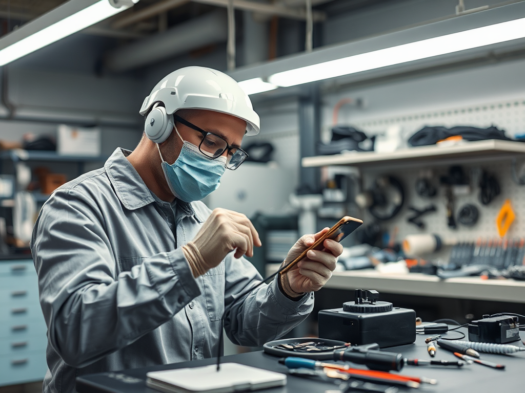 A technician in a helmet and mask works on a smartphone with tools and equipment in a workshop.