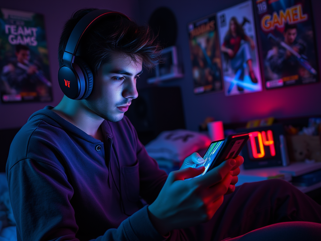 A young man wearing headphones sits in a dimly lit room, intently focused on his smartphone.