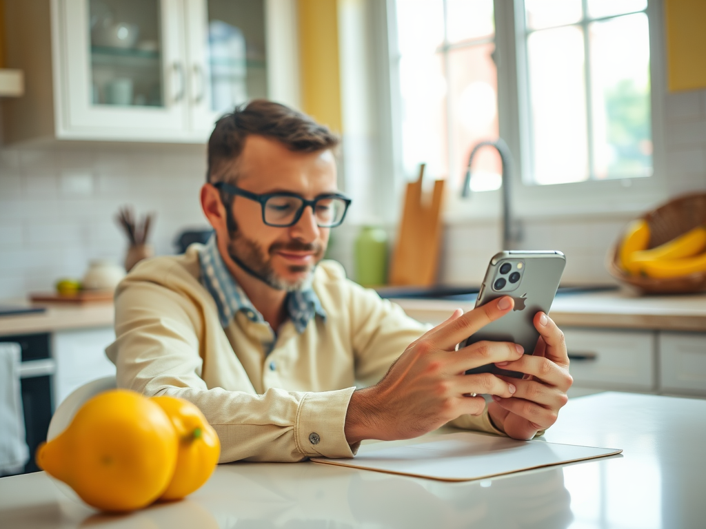 A man in a beige shirt sits at a kitchen table, using his smartphone, with lemons nearby.