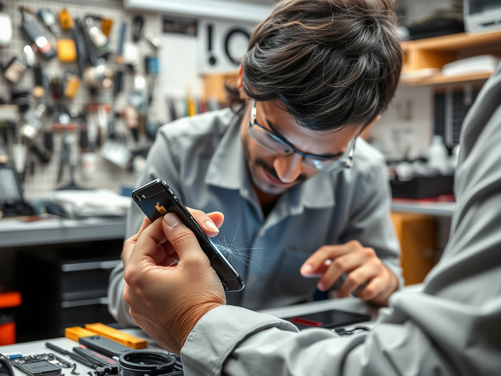 A technician examines a smartphone while another works with tools in a repair shop filled with equipment.