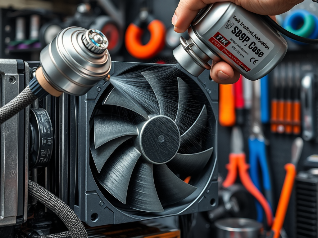 A person holds a canister, spraying compressed air into a computer fan, with tools in the background.