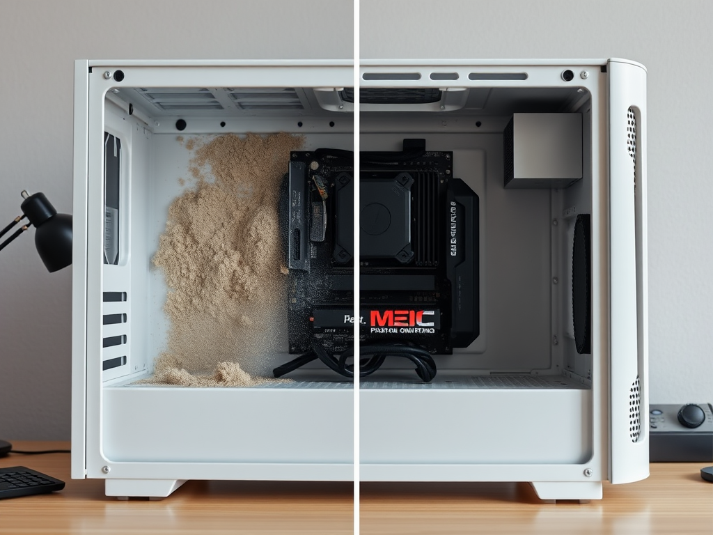 A computer case split in half; one side filled with sand, the other side clean with components visible.