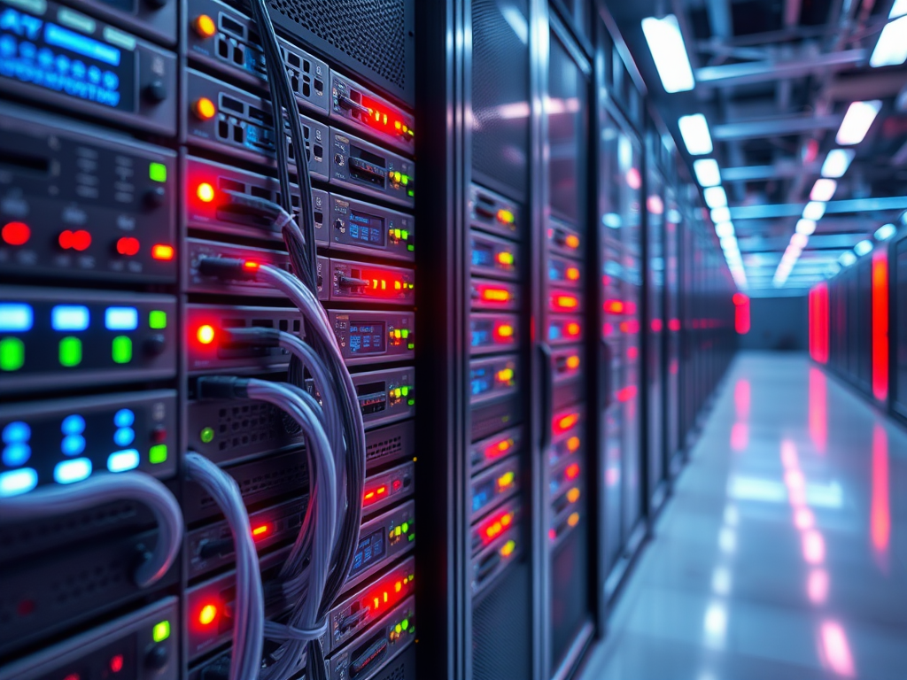 A dimly lit server room filled with illuminated servers and colorful LED indicators, creating a modern tech ambiance.