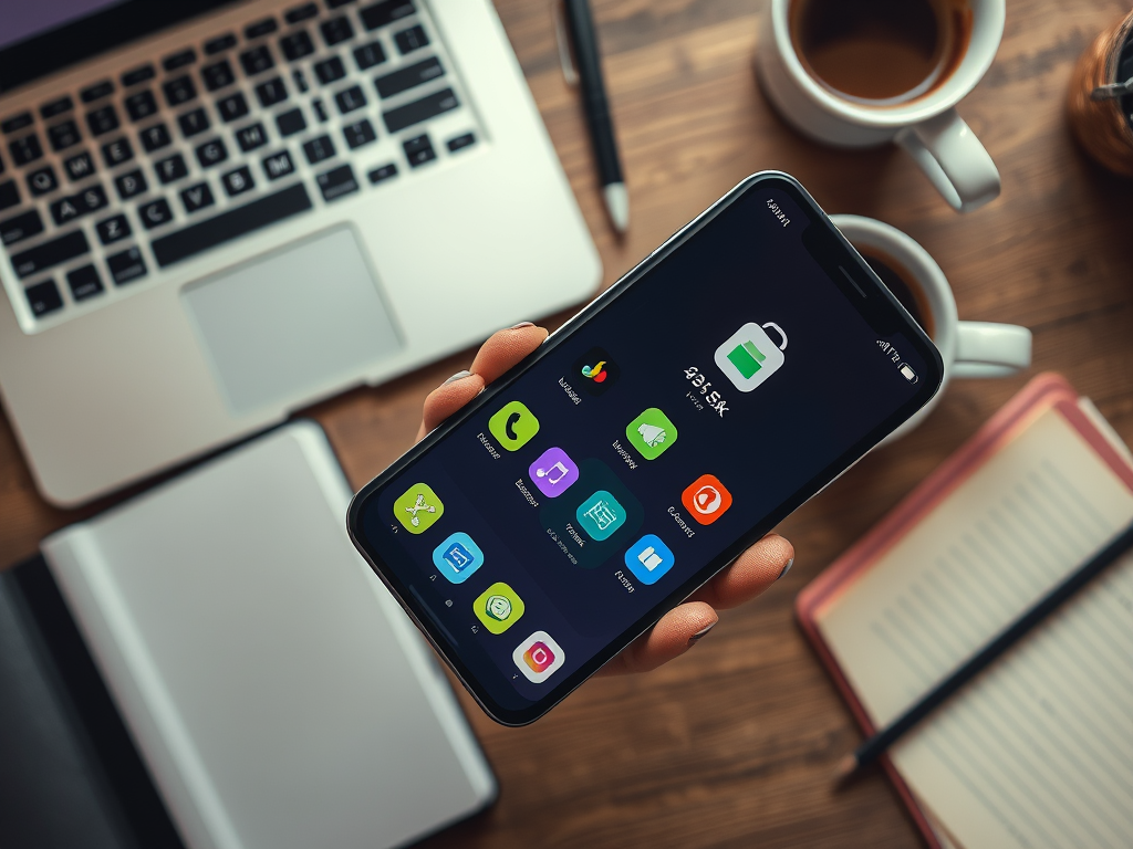 A hand holding a smartphone displaying various app icons, with a laptop and coffee cups in the background.