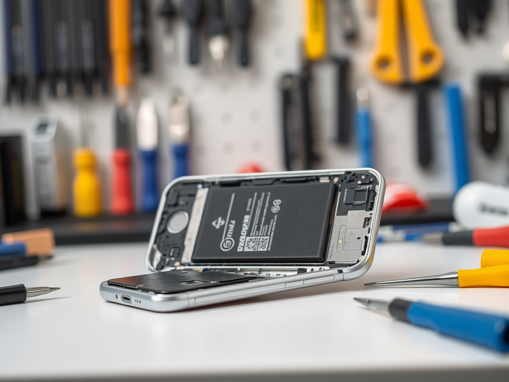 A disassembled smartphone on a workbench with various tools in the background, showcasing its battery and components.