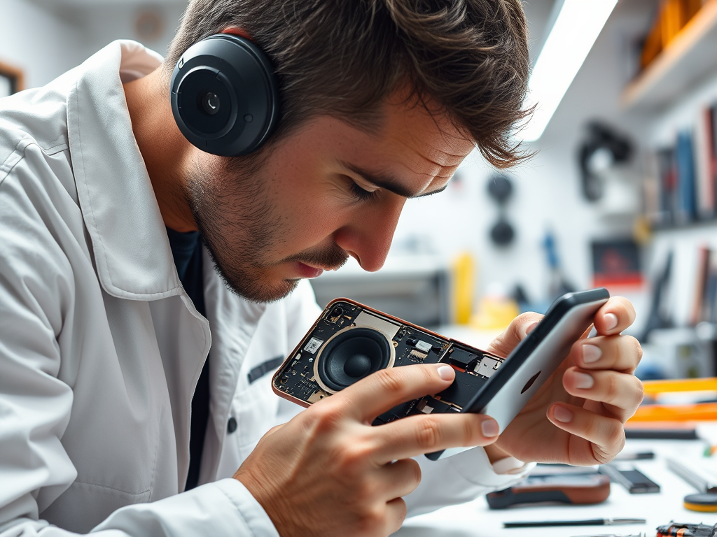 A focused technician in headphones disassembles a smartphone in a workshop filled with tools and equipment.