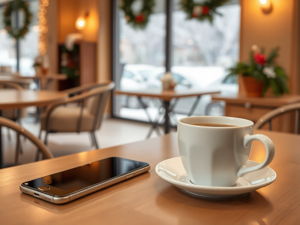 A coffee cup on a wooden table beside a smartphone, with festive decorations and a cozy café atmosphere.