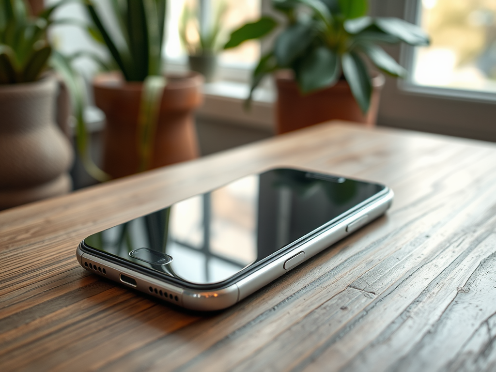 A smartphone rests on a wooden table, surrounded by indoor plants and natural light from the window.