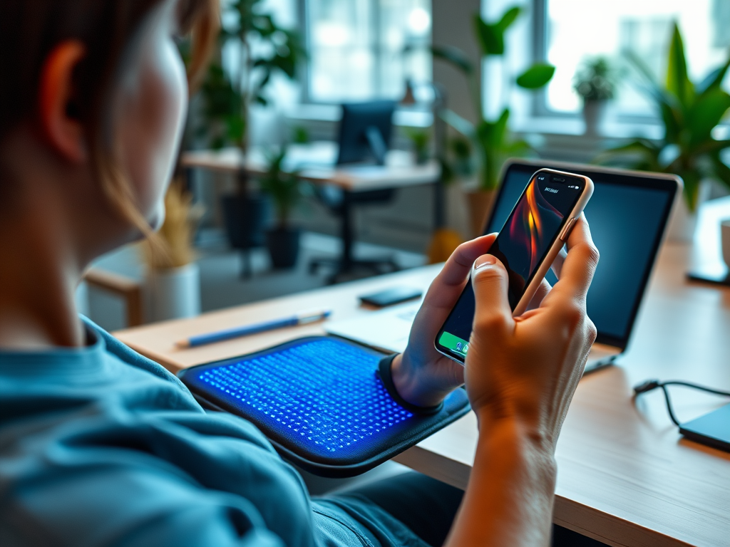 A person using a smartphone while seated at a desk with a laptop and a glowing blue pad in an office setting.