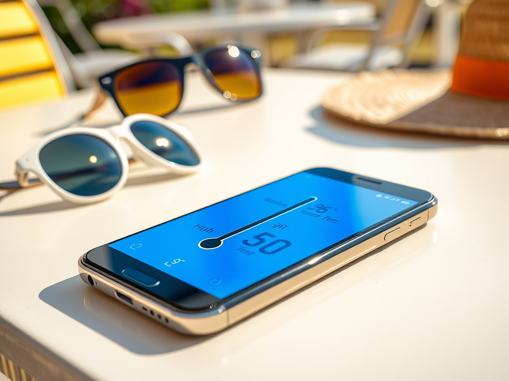 A smartphone displaying a weather app with sunglasses and a straw hat in the background on a sunny table.