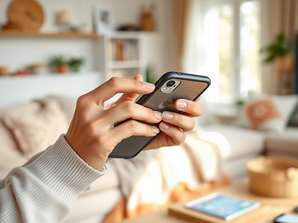 A hand holding a smartphone in a cozy living room with soft lighting and a comfortable atmosphere.