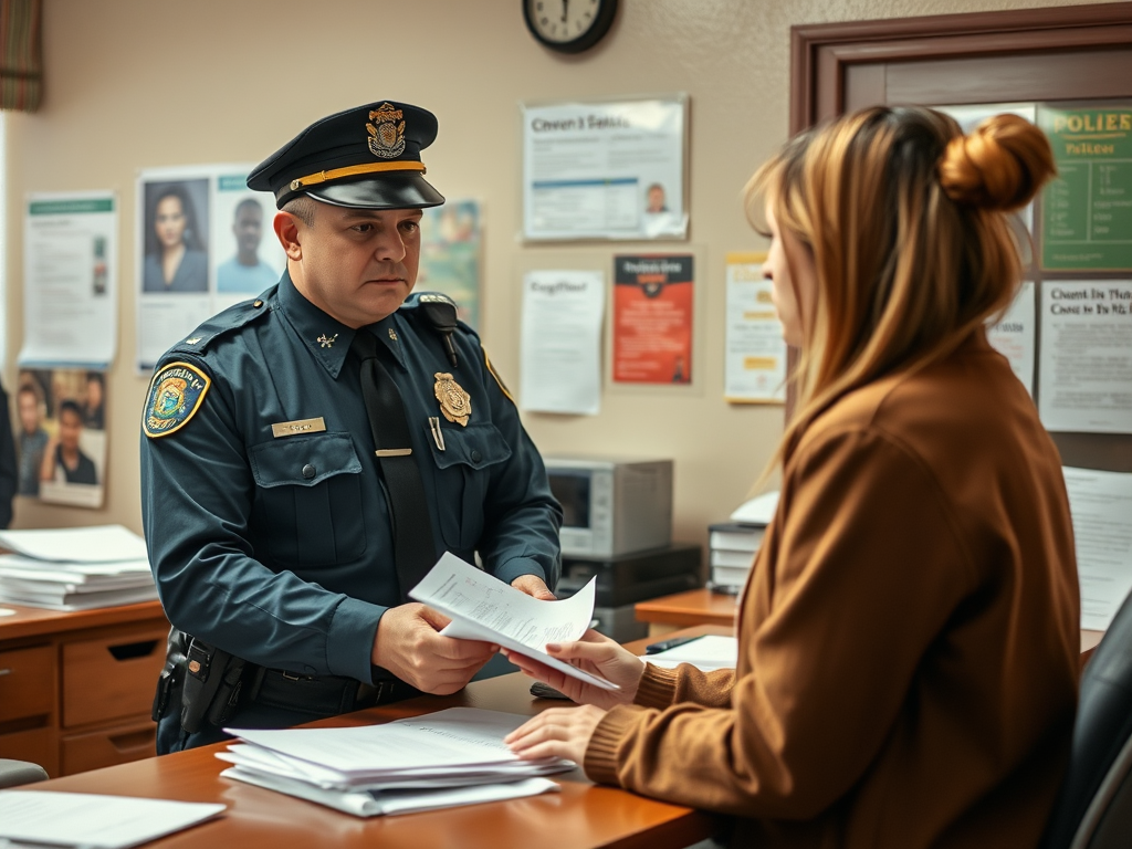 A police officer discusses paperwork with a woman in an office filled with informational posters and files.