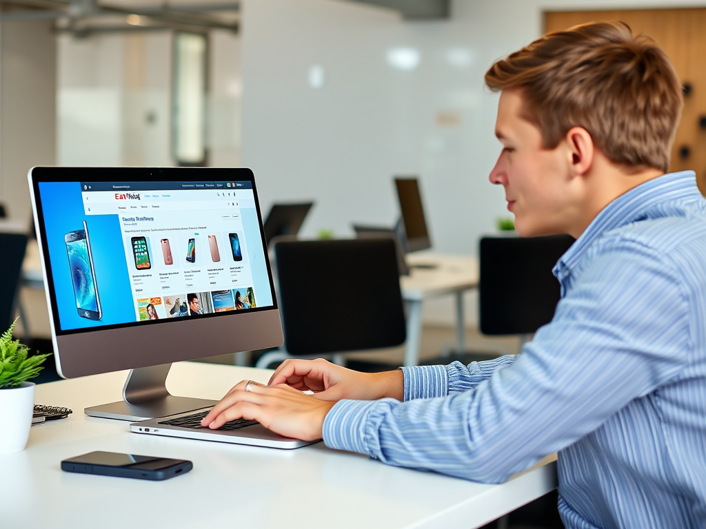 A young man in a blue striped shirt works on a laptop in a modern office, browsing a website on a desktop monitor.