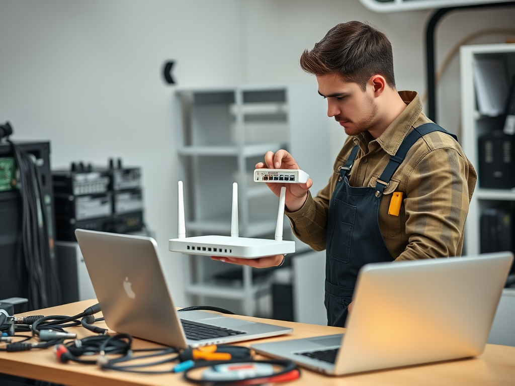 A technician examines a router while working at a desk with laptops and various cables in a tech workspace.
