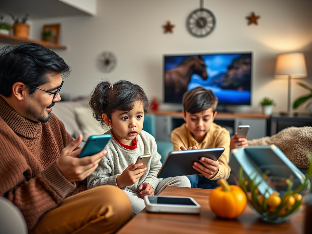A father sits with his two children, all engaged with their devices, in a cozy living room setting.